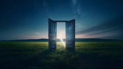 Light shining trough open door in field landscape at night, concept of new goals and progress
