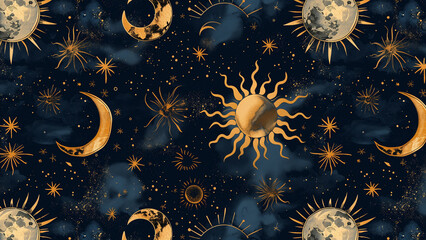 Celestial Dance: A Mystical Pattern of Suns, Moons, and Stars