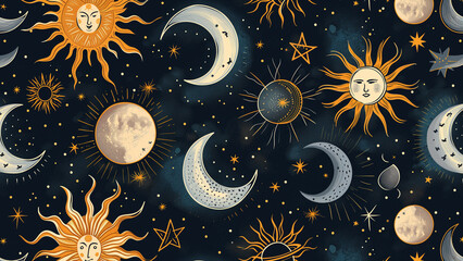 Starry Symphony: A Seamless Pattern of Mystical Celestial Bodies