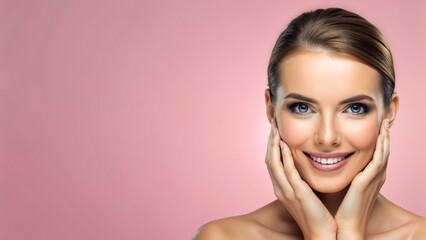 Obraz na płótnie Canvas Woman smiling while touching her flawless glowy skin with copy space for your advertisement, skincare
