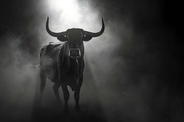 a large bull with horns standing in a cloud of dust