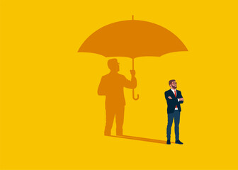 Businessman standing with shadow man hand holding umbrella protects against risk. Flat vector illustration.