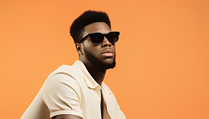 Obraz premium Black man wearing sunglasses isolated on orange background. Editorial photography of man during summertime wearing sunglasses and posing. Portrait of a black man with sunglasses on