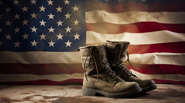 Old combat boots and dog tags with American flag. Neural network AI generated art