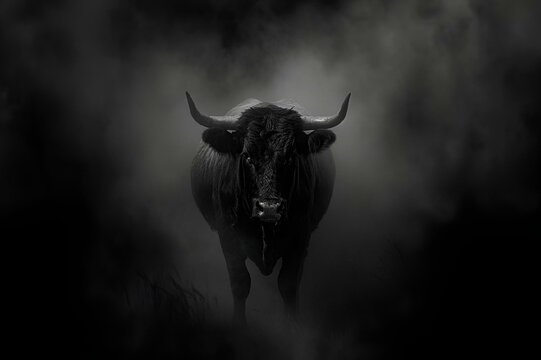 an ox in a black and white photo on dark night