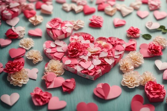Bright floral Hearts paper Valentines day art background wallpaper for Love gift package