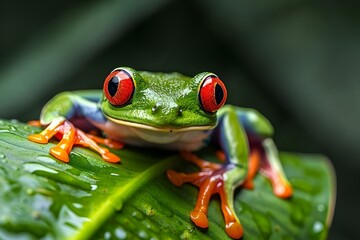 a frog with red eyes sitting on a green leaf in the rain