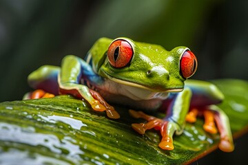 Fototapeta premium a red eyed frog resting on a leaf with water droplets