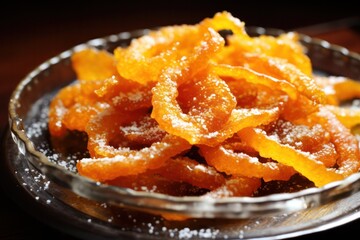 candied orange peel in caramelized sugar dessert isolated on black closeup