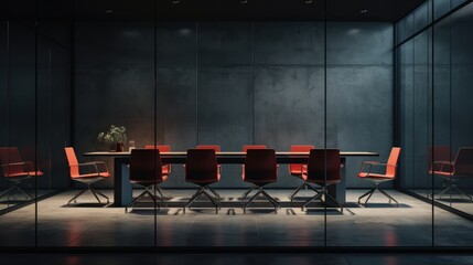 Front view of empty modern conference room with office table and chairs with dark cement wall in...