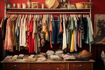clothes and objects at vintage store. Wardrobe and hats. Fashion and style. Second hand shop, sustainable shopping.