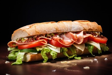 hoagie roll or submarine sandwich closeup isolated on black background. American hot dish with bread filled with meat, cheese, vegetables and condiments.