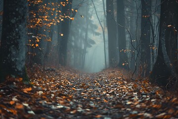 a misty foggy forest in the middle of autumn time - obrazy, fototapety, plakaty