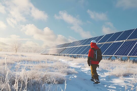 an image of snowboarders in the snow by a solar panel