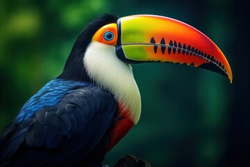 Naklejka premium toucan bird to a tree closeup in wild nature with foliage bokeh