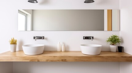 Fototapeta na wymiar A Stylish Bathroom with Two Sinks and a Sleek Wooden Vanity Surface