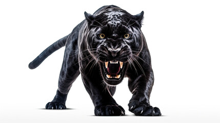 Ferocious black panther isolated on white background