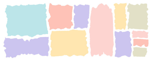 Jagged shapes, ripped paper set. Torn rectangle frames with jagged edges, and textured grunge elements. Silhouettes and vector illustration is isolated in the background. Pastel light colors