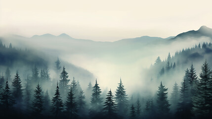 dark forest and mountains, foggy landscape Misty morning view in wet mountain area. Misty foggy mountain with green forest and copy space for your text.