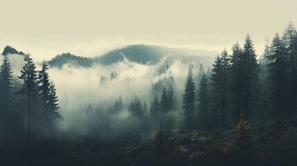 dark forest and mountains, foggy landscape Misty morning view in wet mountain area. Misty foggy mountain with green forest and copy space for your text.