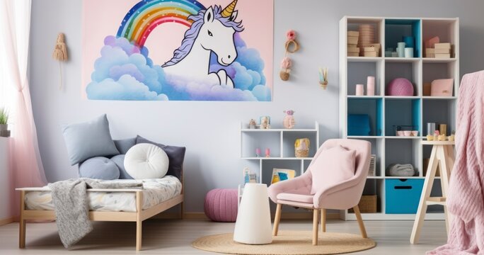 A Kid's Bedroom Bursting with Color, Featuring Unicorn Imagery, a Charming Bed Setup, and a Welcoming Armchair