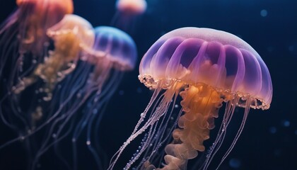 Jellyfish. A lot of colorful neon jellyfish underwater. Marine life. AI generated