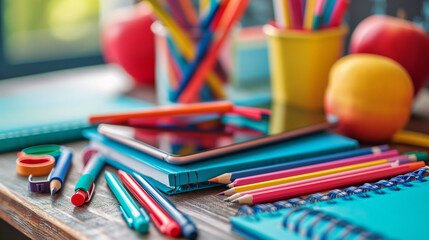Colorful school supplies likes notebooks, pencils and pens.