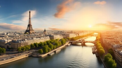 Fototapeta na wymiar Paris aerial panorama with river Seine and Eiffel tower, France. Romantic summer holidays vacation destination. Panoramic view above historical Parisian buildings and landmarks with sunset sky