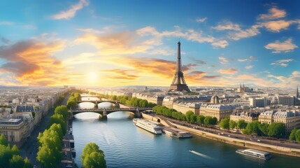 Fototapeta na wymiar Paris aerial panorama with river Seine and Eiffel tower, France. Romantic summer holidays vacation destination. Panoramic view above historical Parisian buildings and landmarks with sunset sky