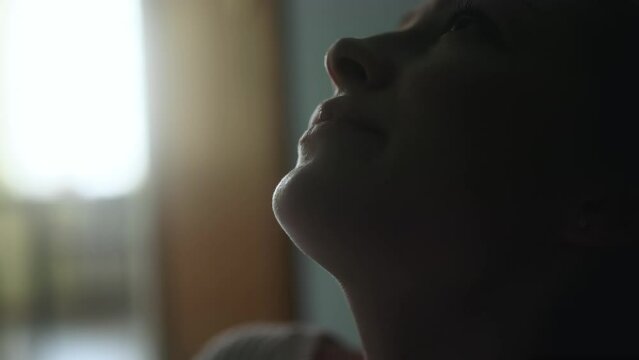 Close up lips of sad young woman suffering from depression anxiety loneliness or mental health problem at home Thoughtful female upset feeling stress and pressure indoors