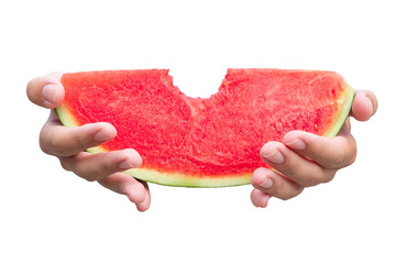 Fresh and juicy watermelon slice held by a hand, isolated on a white background – a healthy and...