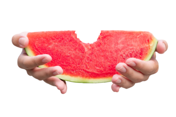 Fresh and juicy watermelon slice held by a hand, isolated on a white background – a healthy and refreshing summer snack