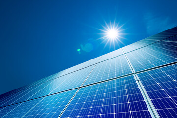 Solar panels reflect sparkling light From the sun ,Blue sky, Clean energy and the environment	