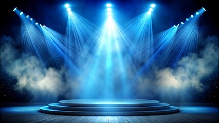 Illuminated stage with scenic lights and smoke. Blue vector spotlight with smoke volume light effect on black background.  - obrazy, fototapety, plakaty