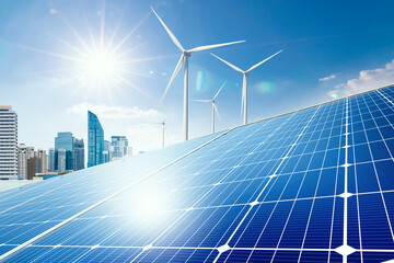 Urban Energy Hub: A skyscraper integrating solar panels and wind turbines, harnessing clean energy,...