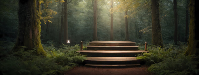 Wooden podium in an enchanted forest, with a spotlight cutting through the foliage, creating a mystical ambiance for a nature-themed presentation.
