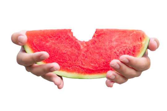 Fresh and juicy watermelon slice held by a hand, isolated on a white background – a healthy and refreshing summer snack