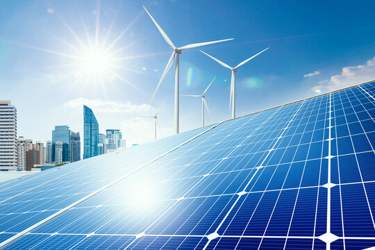 Urban Energy Hub: A skyscraper integrating solar panels and wind turbines, harnessing clean energy, and renewable power to support a green and sustainable cityscape - Powered by Adobe