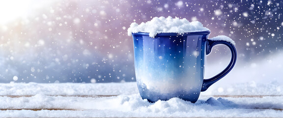 A beautiful blue gradient ceramic cup is filled with white snow. A snowy winter landscape. Illustration in watercolor style.
