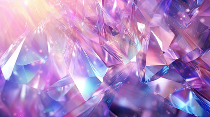 Holographic background with fairy crystal. Rainbow reflexes in pink and purple color