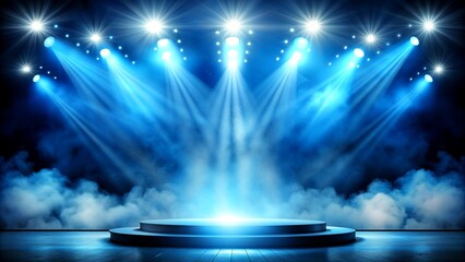 Illuminated stage with scenic lights and smoke. Blue vector spotlight with smoke volume light effect on black background. 