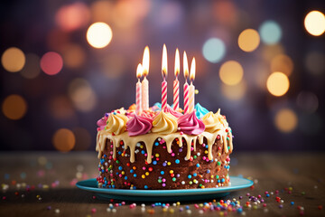 Decorated birthday cake with burning candles - obrazy, fototapety, plakaty