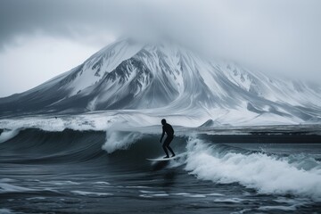 Surfer rive on wave in Alaska or Kamchatka  - obrazy, fototapety, plakaty