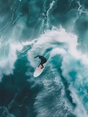 Aerial view of surfer during surfing on ocean wave