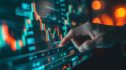Expertly Navigating Economic Challenges: Financial Analyst Manipulating Interest Rate Data on Digital Display for Informed Decision-Making.