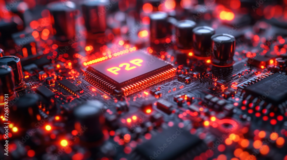 Poster microchip technology core processing unit displaying p2p letters illuminated in red, symbolizing pee