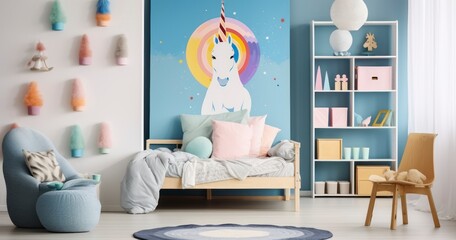 A Colorful Child's Room Featuring a Unicorn Theme, Cozy Bed with Rabbit Pillow, and a Cheerful Blue Armchair