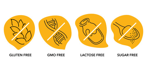 Lactose, Gluten, GMO, Sugar free organic icons - obrazy, fototapety, plakaty