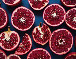 pomegranates slices close to each other on dark blue canvas