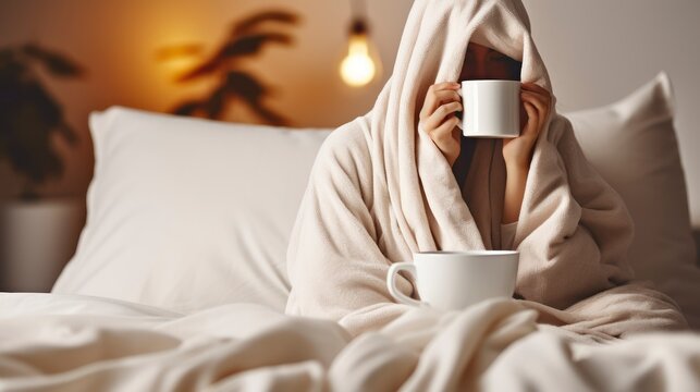 A Young Woman Relishing Her Morning Coffee, Wrapped in a Blanket on Her Bed at Home